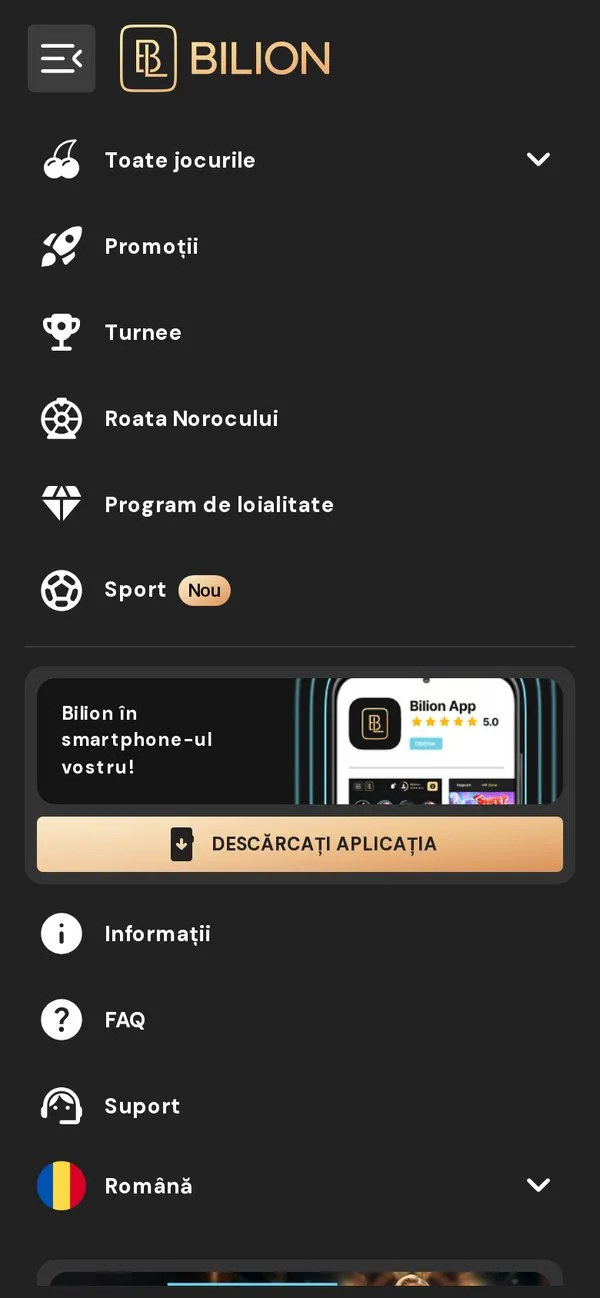 Meniul lateral mobil Bilion Casino cu secțiuni și descărcare aplicație