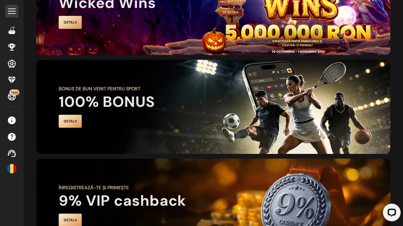 Secțiunea de promoții Bilion Casino cu carduri și meniu lateral