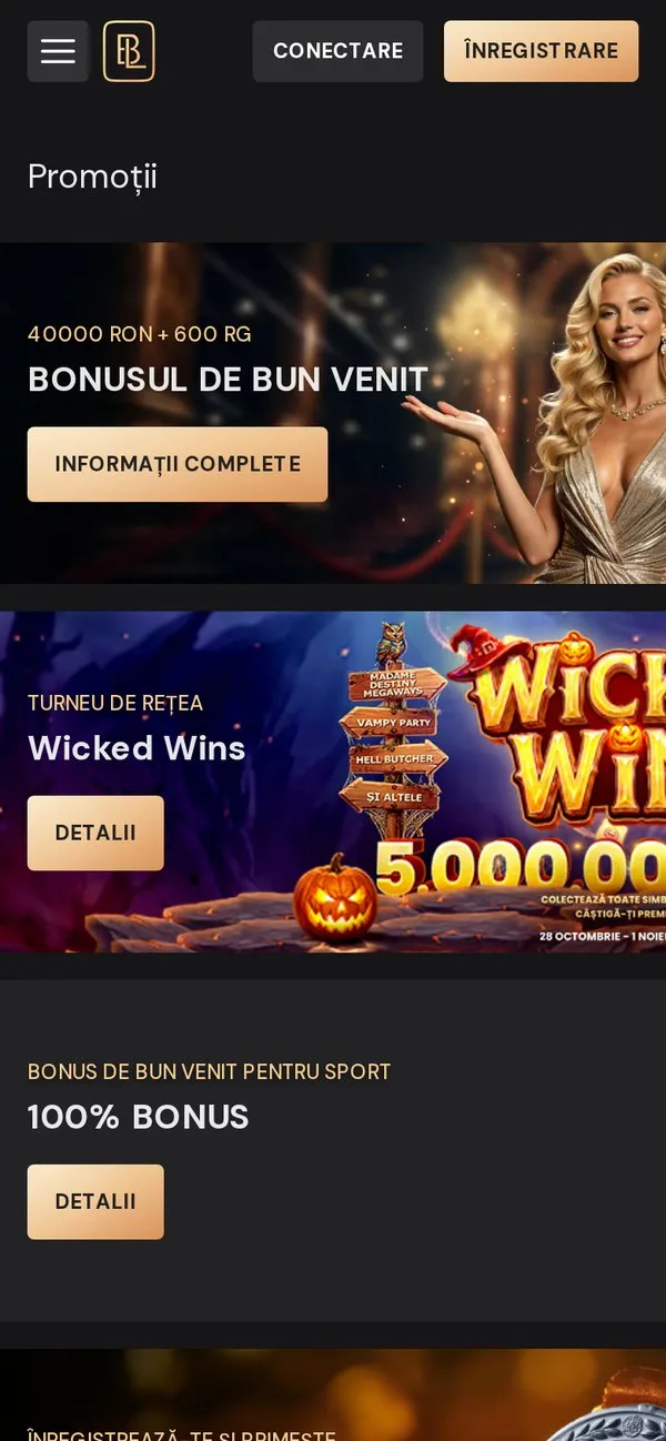Secțiunea promoții Bilion Casino versiunea mobilă cu carduri și meniu