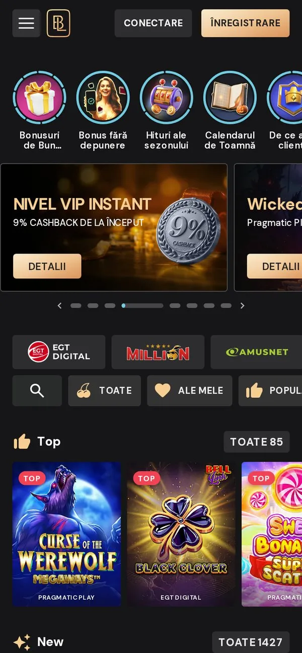 Versiunea mobilă Bilion Casino cu carduri promoționale și grila de jocuri