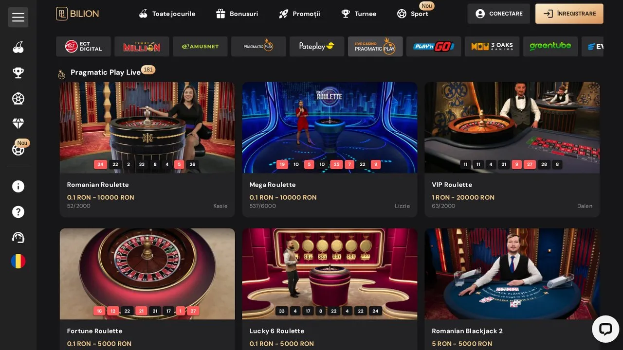 Secțiunea jocuri live de la Bilion Casino cu mese de ruletă